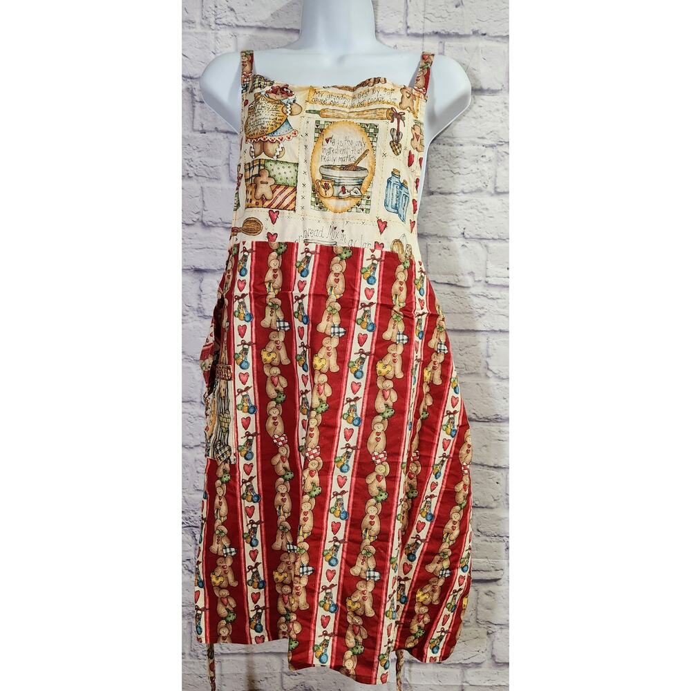 VTG Gingerbread Man With Cooking Utensils Print Apron With Pocket Tie Back
